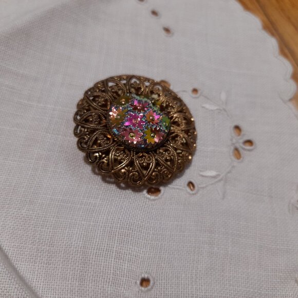 Vintage Fancy Scarf Clip Iridescent Floral Filigree West Germany - Picture 7 of 12